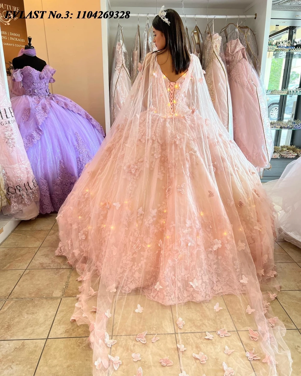 EVLAST Personalizzato 2025 Lavanda Abito Quinceanera Abito di Sfera Farfalla Applique Perline Mantello Dolce 16 Vestido De 15 Anos E3Q490