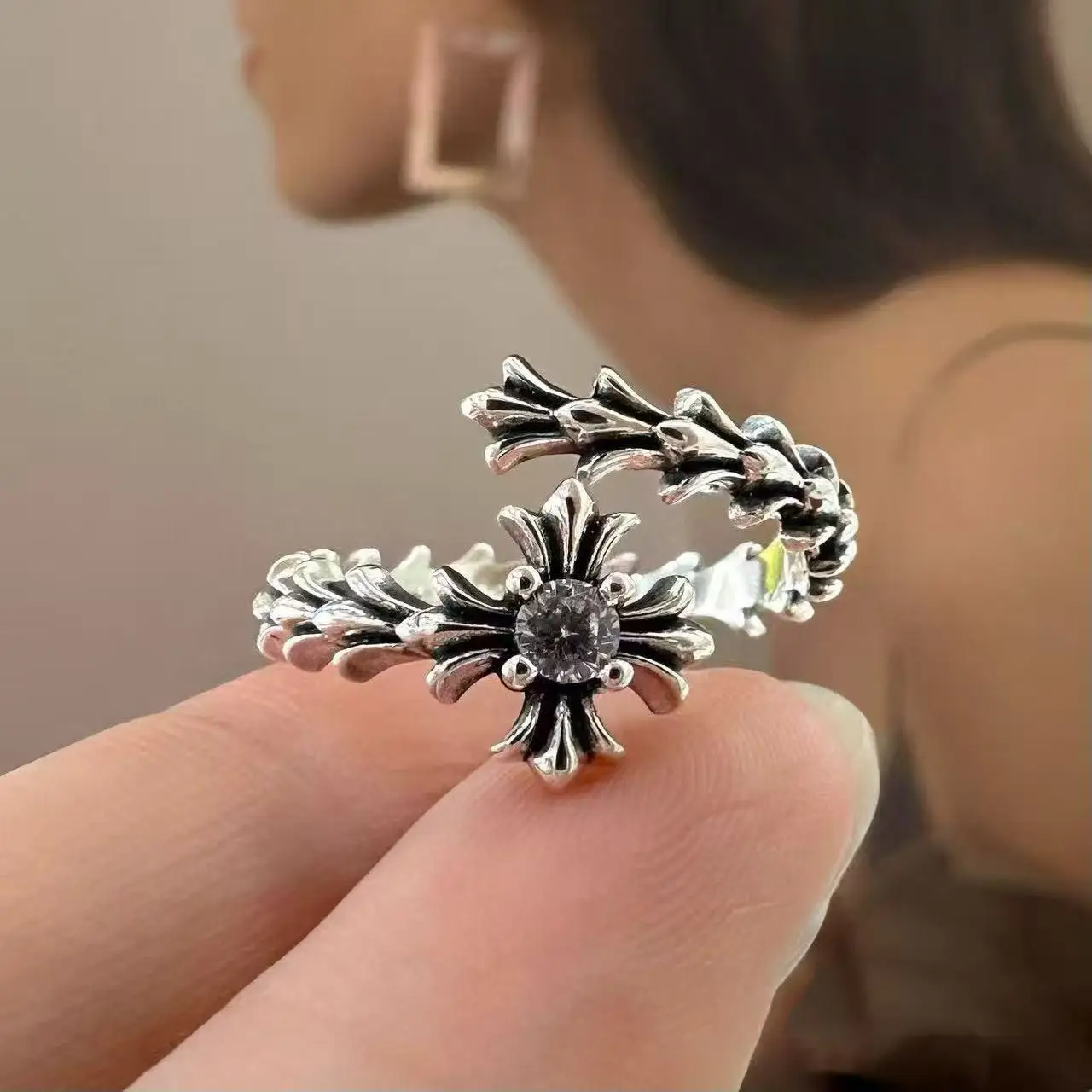 French Luxury Classic High Quality S 925 Silver 5A Grade Zircon Double Cross Ring Gifts Men Festival Party Ring Festival Gift