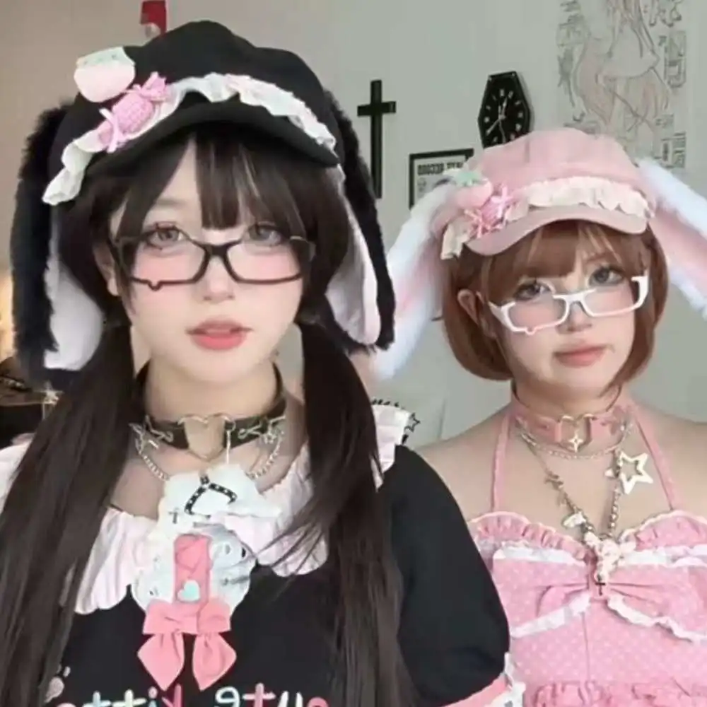 Strawberry Rabbit Ear Harajuku Gothic Lolita Beret Hat Y2K Punk Lace Bow Decorative Girl Adorable Octagonal Hat