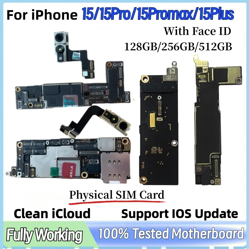 Tested Unlocked Mainboard For iPhone 15 Pro Max 15 Plus With/No Face ID Motherboard SIM Version Clean ICloud Logic Board Replace