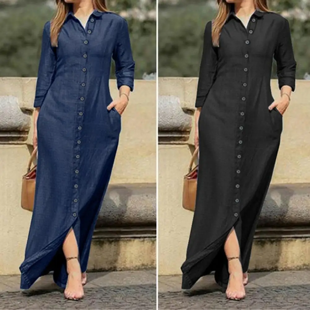 

Charming Denim Dress Slim Soft Texture Solid Color Buttons Closure Long Dress Two Pockets Maxi Dress for Vacation