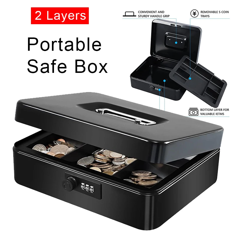

2 Layers Portable Money Box, Metal Cashier Safe Boxes, Key Password Lock, Coins Change Storage Secure Safe Deposit Box for Adult