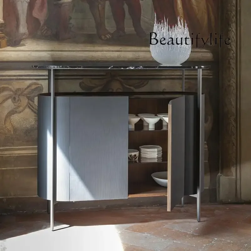 R Modern Simple Solid Wood Dining Side Cabinet Italian Light Luxury Marble Surface Four-door Small Apartment Saddle Leather