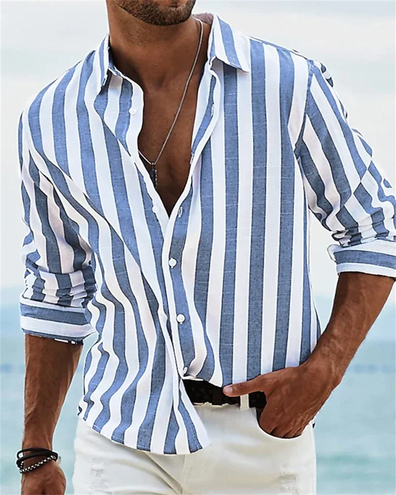 Men\'s Long Sleeve Striped Color Block Print Classic Design Button Down Shirt Everyday Casual Shirt Men\'s Lapel Cardigan Shirt