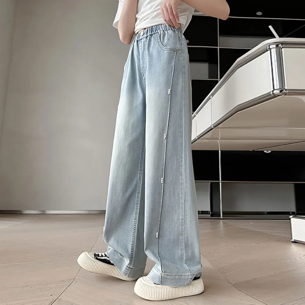 Summer toddler kids girls' clothes elastic bands loose thin denim pants for children girls cloth wear outside pearl jeans pants
