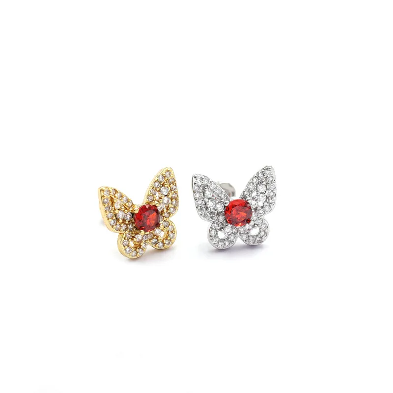 1 PCS Elegant Red Zircon Butterfly Shape Helix Earring Cute Small Round Ball Ear Cartilage Piercing Stud Cuff Jewelry