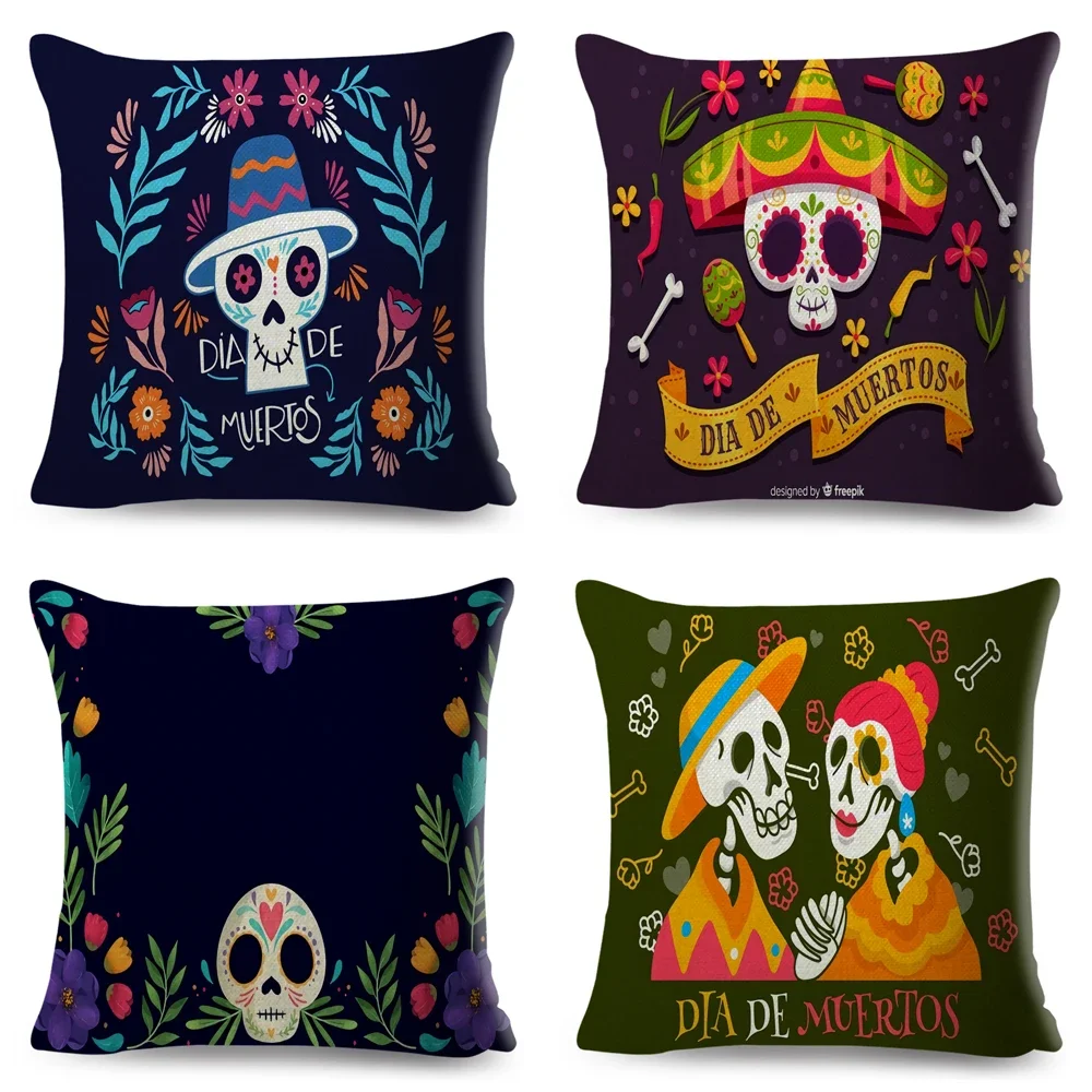 Day Of The Dead Pillowcase Decor Cartoon Mexico Flower Skull Print Cushion Cover for Sofa Home Polyester Pillow Case 45x45cm