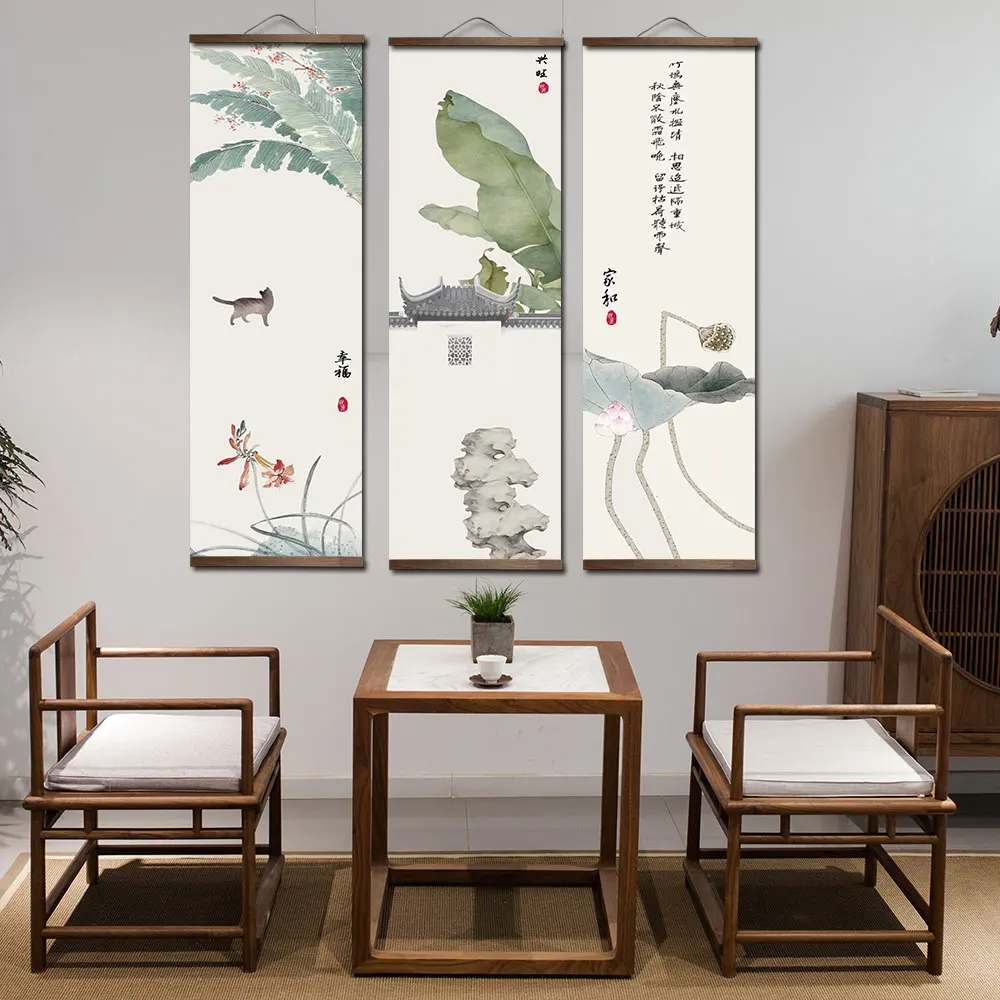 Chinese style green plant cat  scroll painting poster printing living room home decoration painting wall art picture with frame