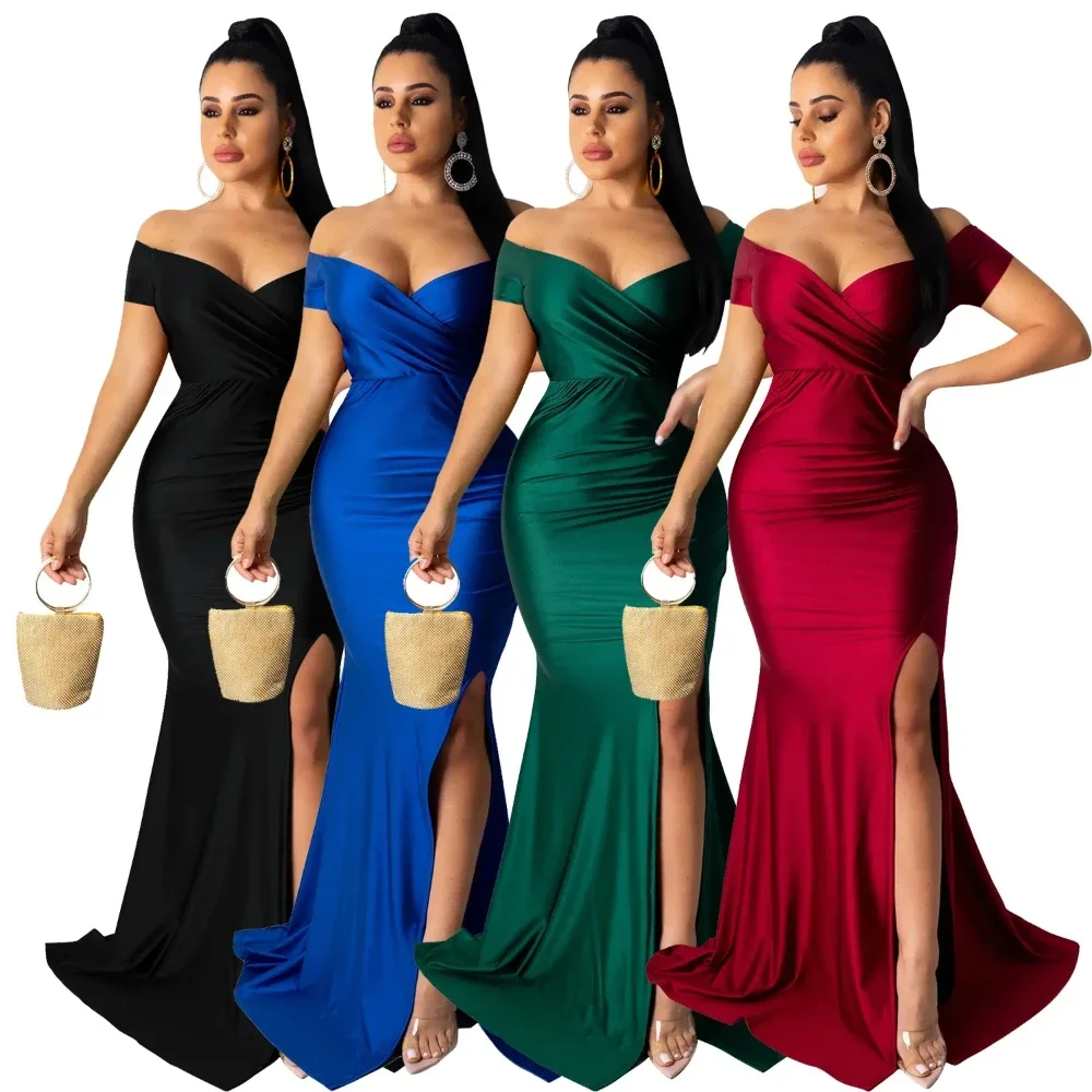 Leosoxs Autumn Winter Women Off Shoulder Plunging V-neck High Side Split Mermaid Maxi Dress Sexy Night Party Club Long Dresses