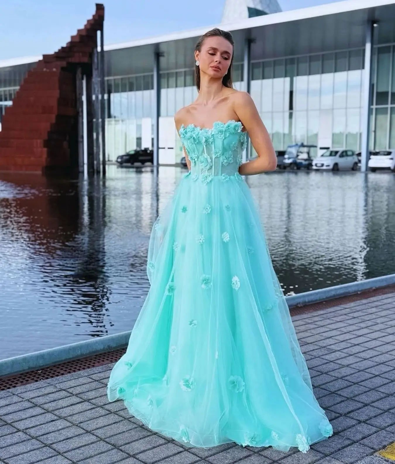 Vestidos de fiesta de corte A en verde agua con apliques florales, vestidos de noche para mujer sin mangas, vestidos de fiesta personalizados, vestidos elegantes de fiesta