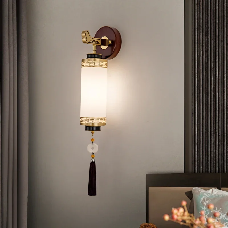 

all-copper solid wood wall lamp, new living room, TV Zen living room, background wall bedroom, bedside lamp corridor aisle