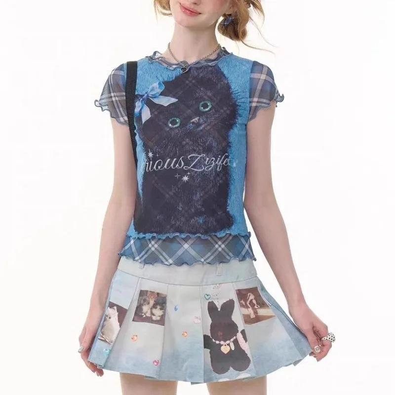 Korean Style Fashion Vintage Y2K Cartoon Print Denim Pleated Mini Skirt Womens Summer High Waist A-Line Party Kawaii Jean Skirts