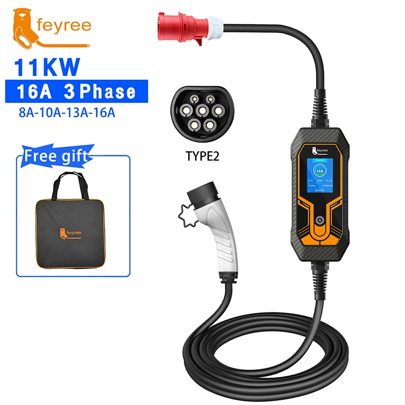 

feyree 11KW 16A 3 Phase EV Portable Charger 32A 7KW Type2 5M Cable EVSE Charging Box Car Charger CEE Plug for Electric Vehicle