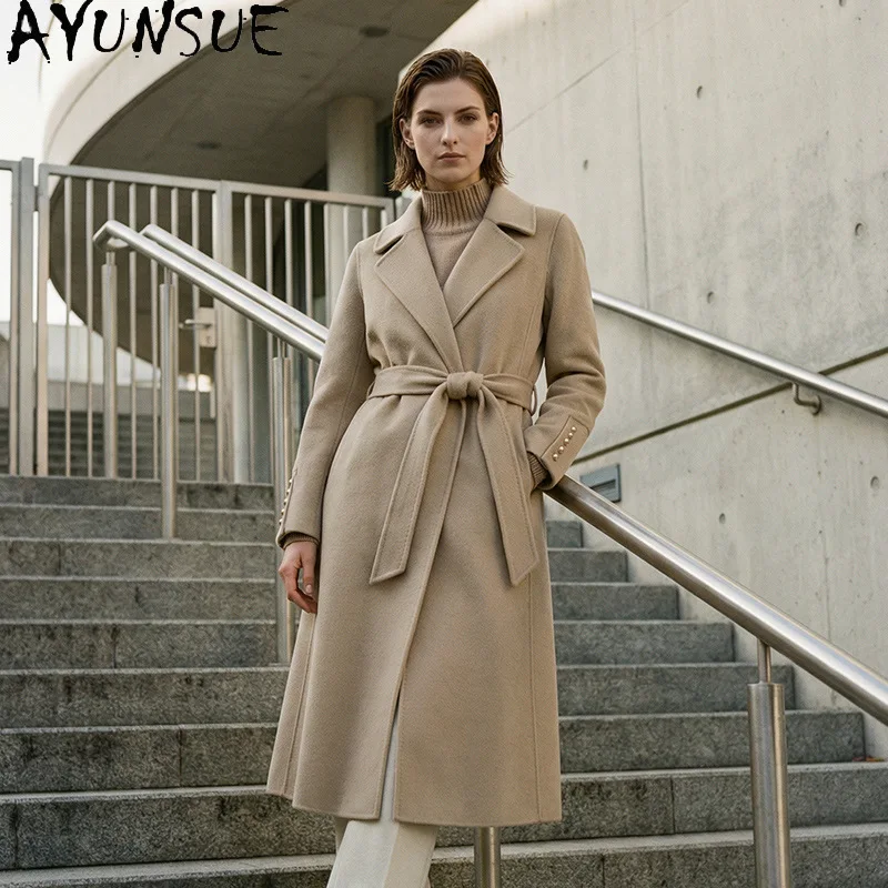 AYUNSUE Women's 100% Wool Coat Autumn Winter Lace-up Long Jacket Woman Double-sided Woolen Overcoat Woman Clothes Ropa Mujer