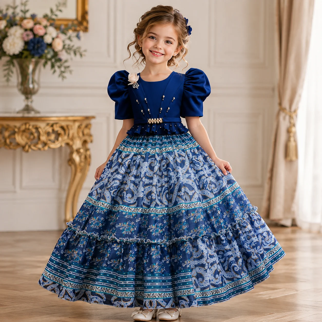 New chiffon patterned children's dress, kids' dress, Christmas girls' performance dress, palace style children's clothing