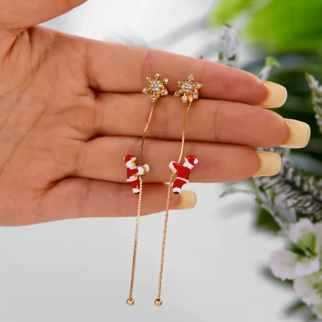 A pair of crawling Santa Claus earrings with an asymmetrical design, two wearing styles, trendy long tassel earrings for women,