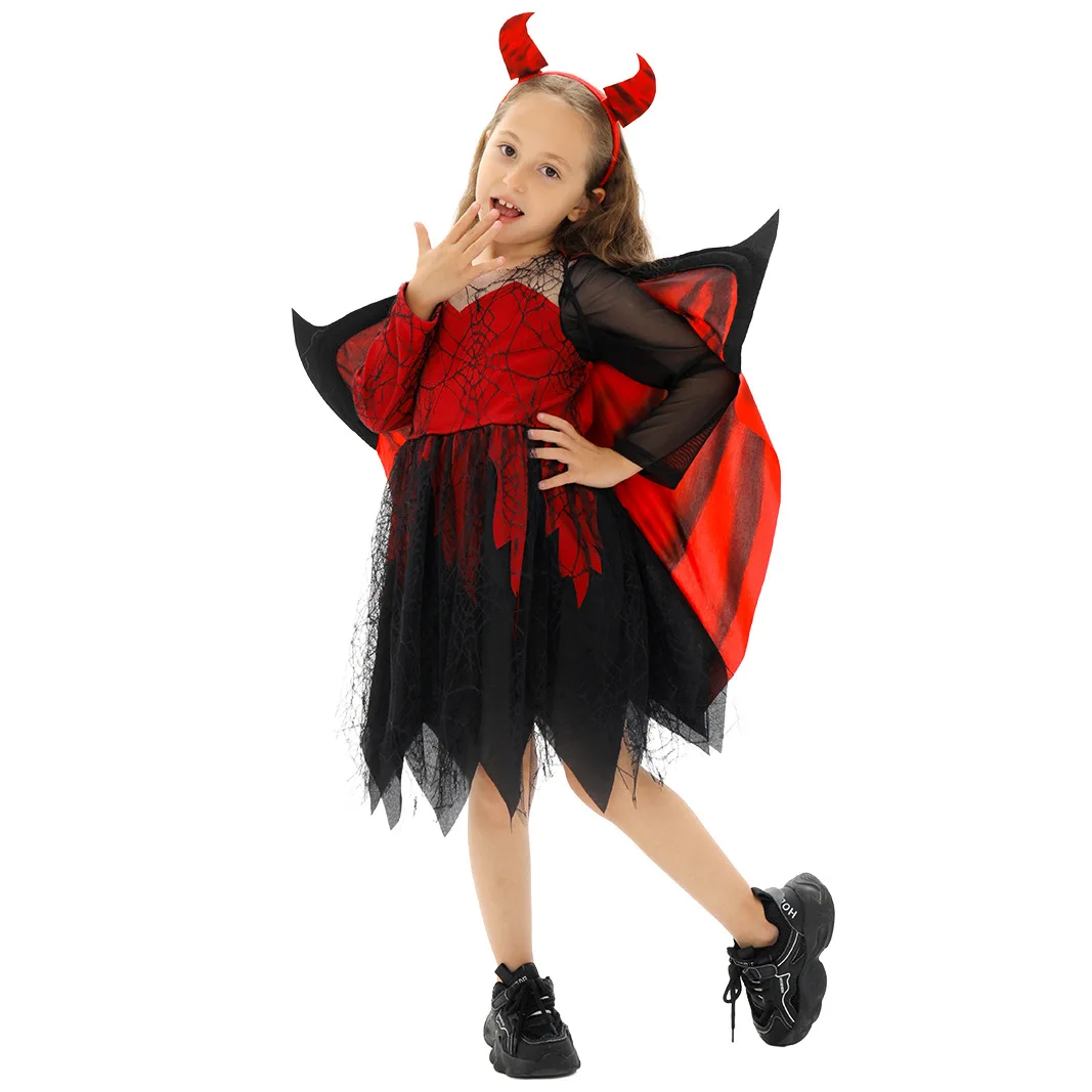 

Little Devil Cosplay Costume Girls Horror Red Dress Spider Web Bat Cape Halloween Party Stage Evil Demon Witch Fancy Dress