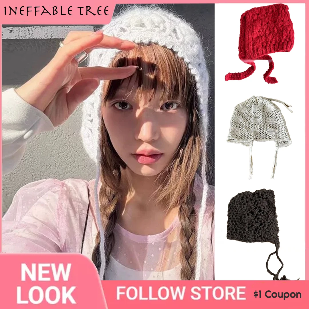 

Korean Hollow Knitting Balaclava Cap for Men Women Versatile Shawl Hooded Cover Ear Protection Lace Up Handmade Hat Gorras