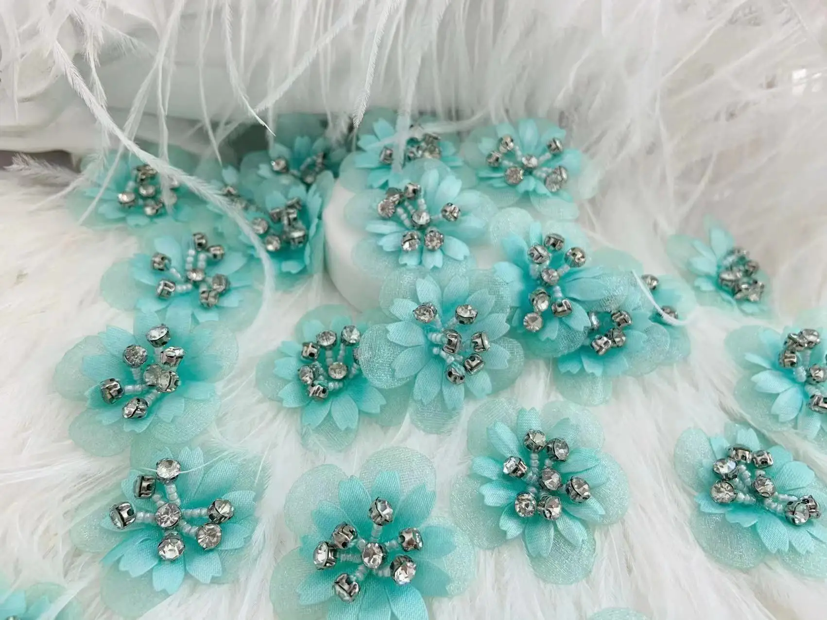 10 Pieces Lake Blue 3D Flowers Patch Colorful Floral with Beads Organza Applique for Zakka Sewing,Wedding Party,Clothing Craft