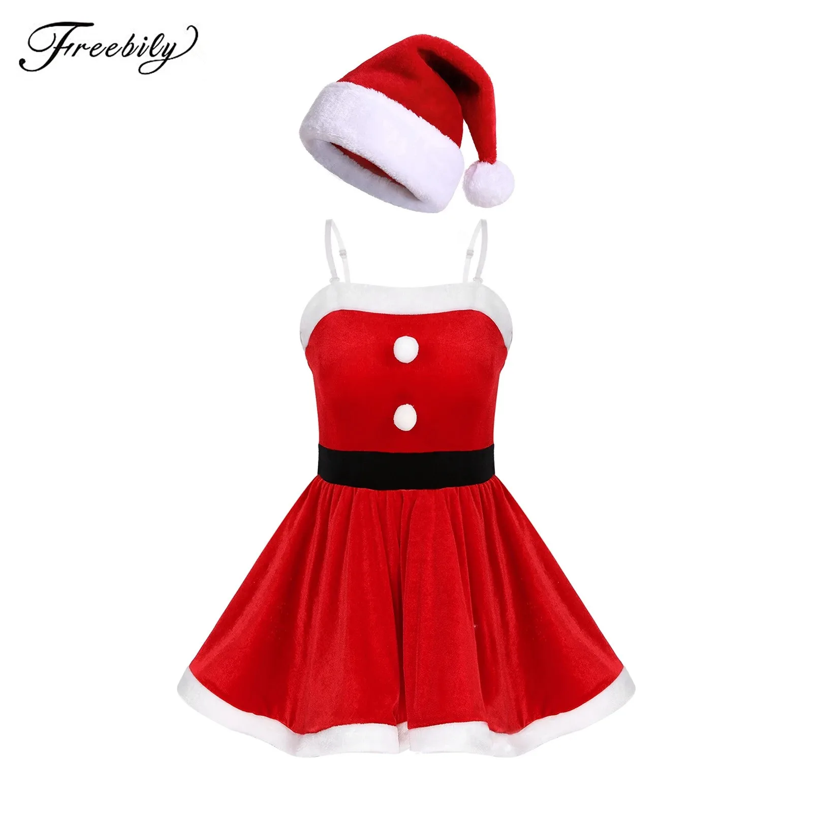 

Womens Christmas Theme Costume Set Adjustable Transparent Strap Faux Fur Trim Layered Flared Dress with 1Pc Santa Claus Hat