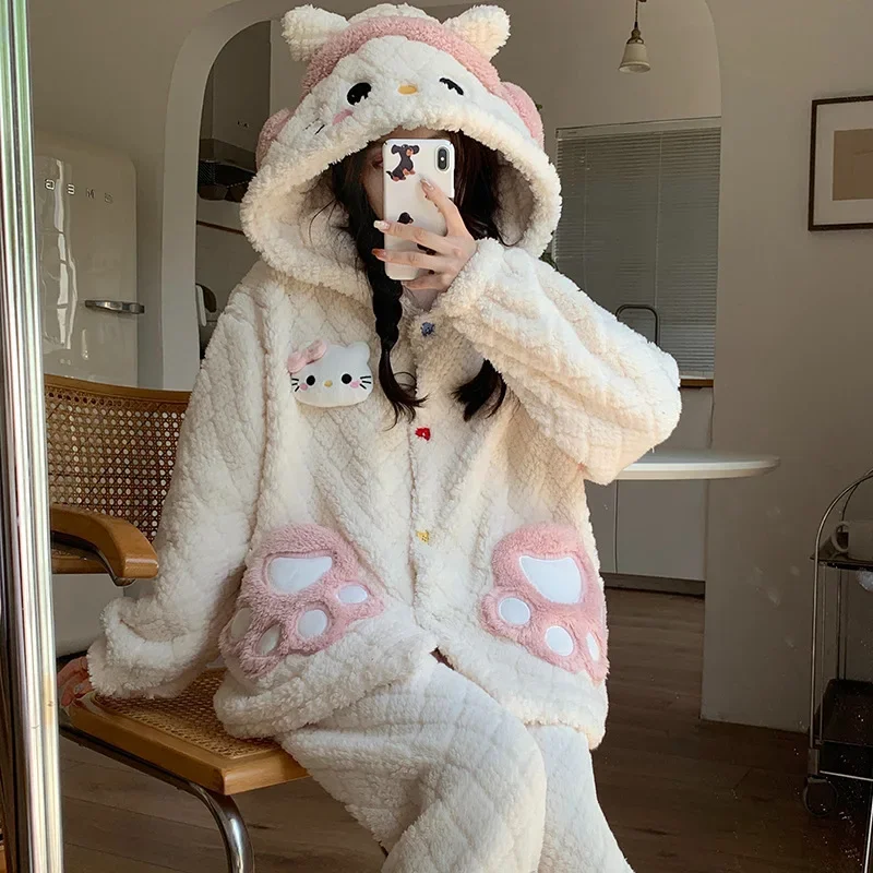 New Sanrio Hello Kitty Women\'s Pajamas Hooded Pajamas Fleece Thickened Cartoon Casual Plush Homewear Silk Pajamas Women