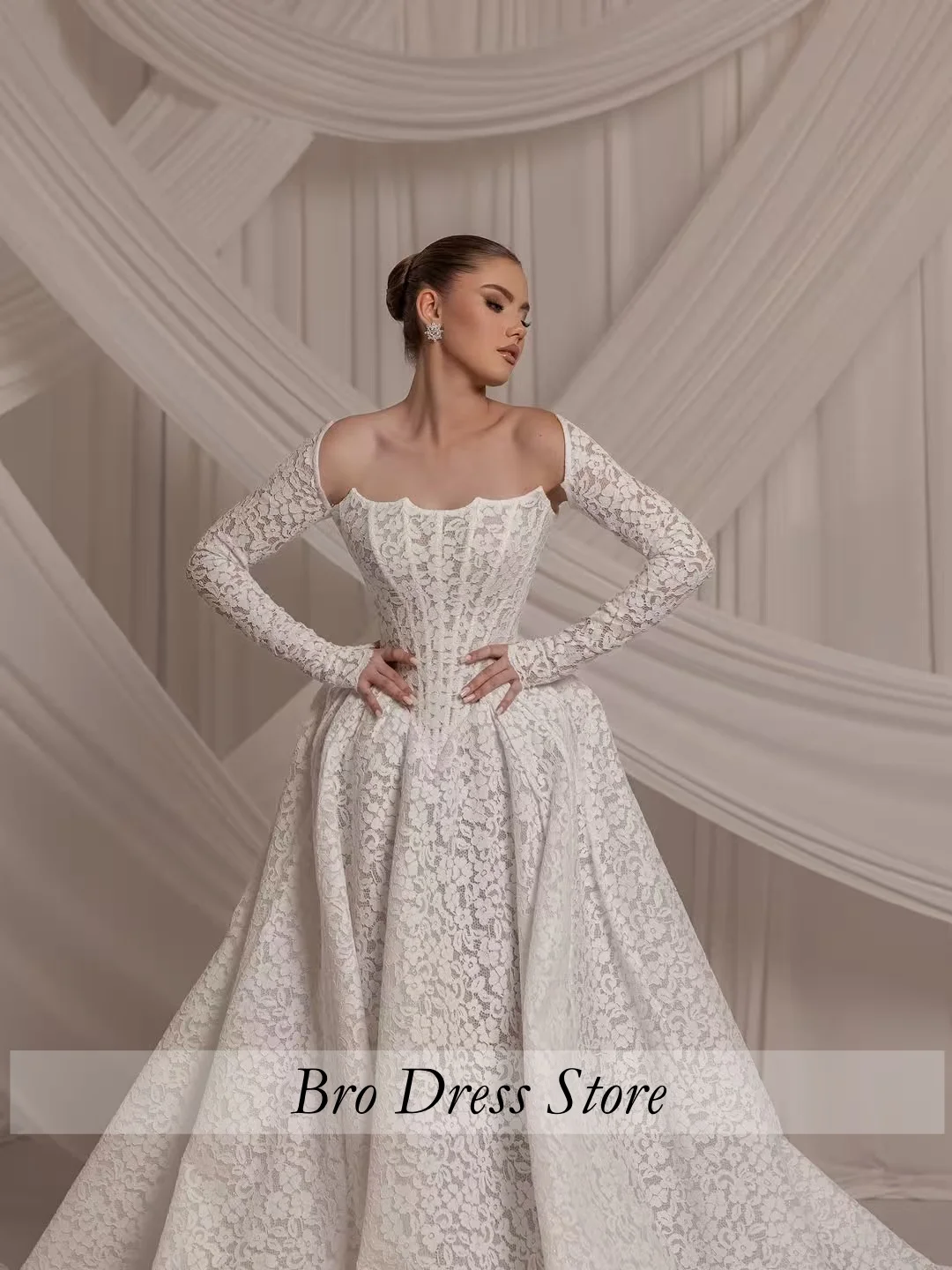 Customized Vintage Off The Shoulder Long Sleeve Wedding Dress Corset Style Floral Lace Bridal Gown Church Wedding Ball Gown