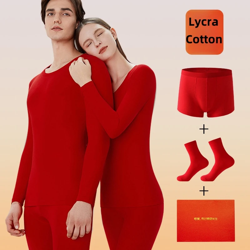 Hot Sales 3A Antibacterial Red Pure Cotton Thermal Underwear Suit Couple Wedding Gift Box Warm Clothes Round Neck