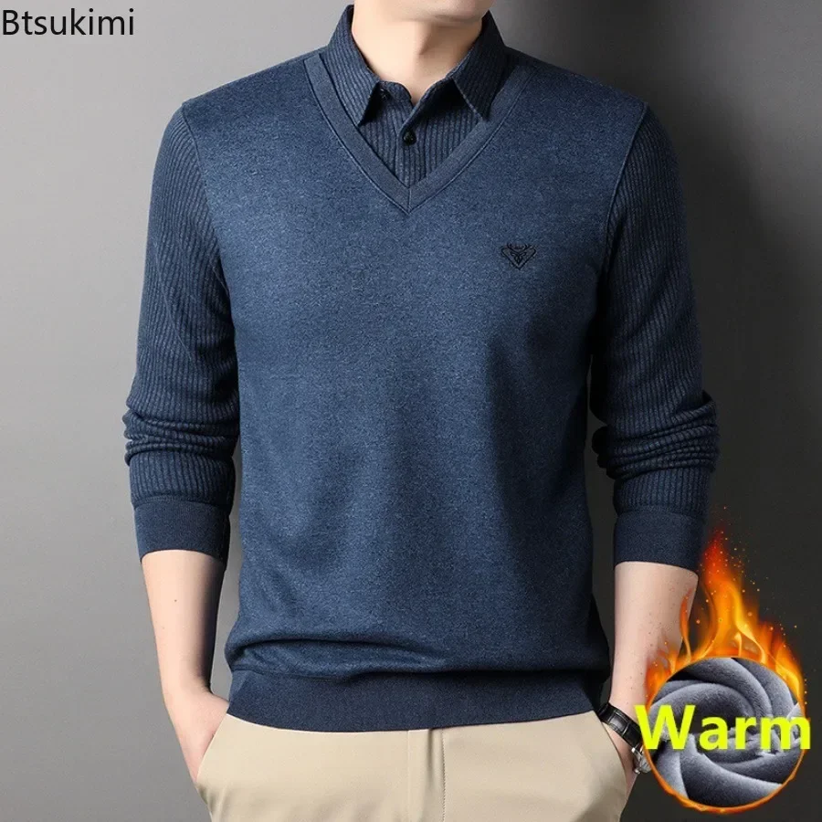 

New 2025 Men's Winter Warm Fake Two Piece Shirts Business Club Party Pullover Tops Fleece Thicker Warm Bottoming Shirt Tops Male