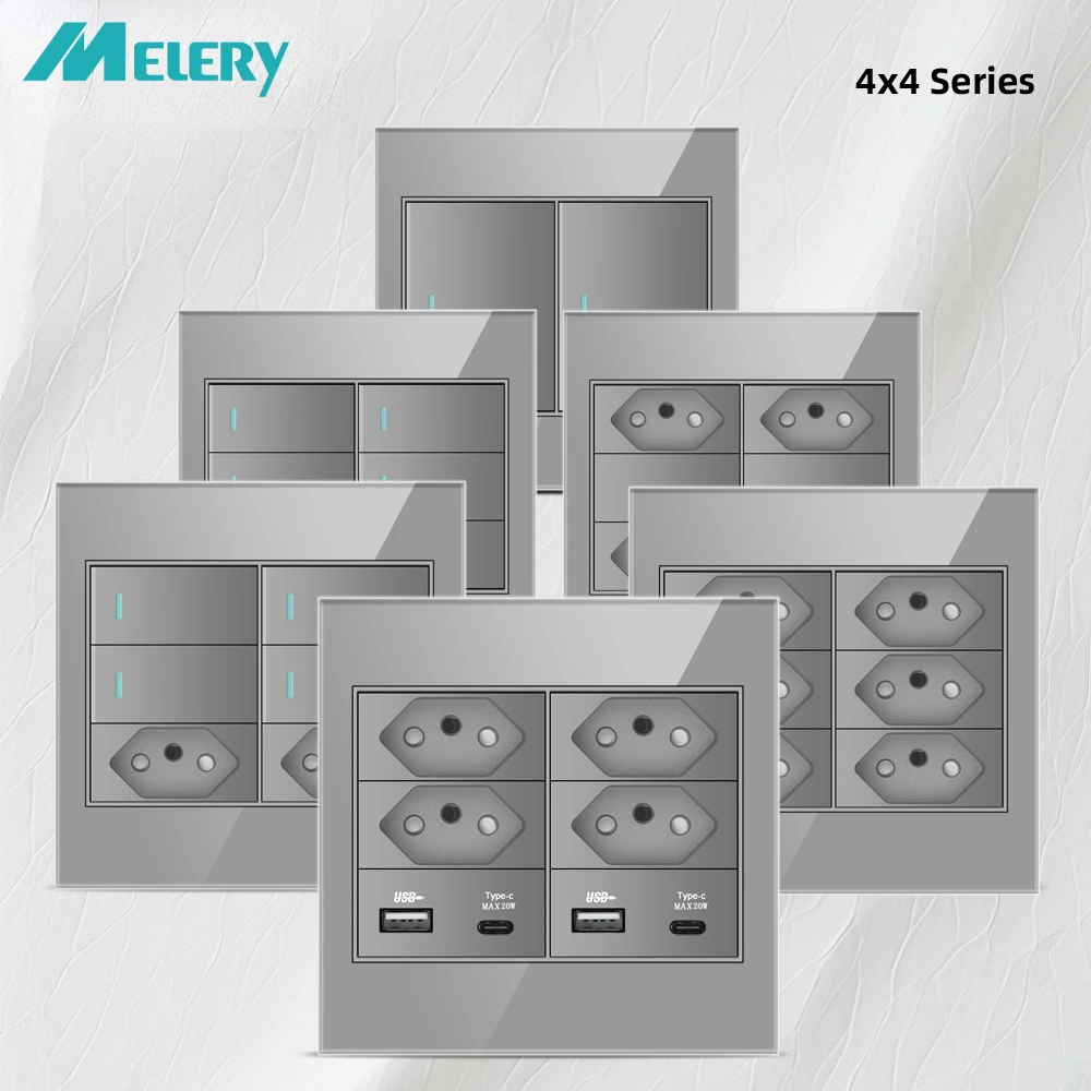 Melery 4x4 pannello in vetro ignifugo brasile presa Standard doppio USB tipo C 10/20W presa di corrente a parete interruttore luce ufficio grigio 20A