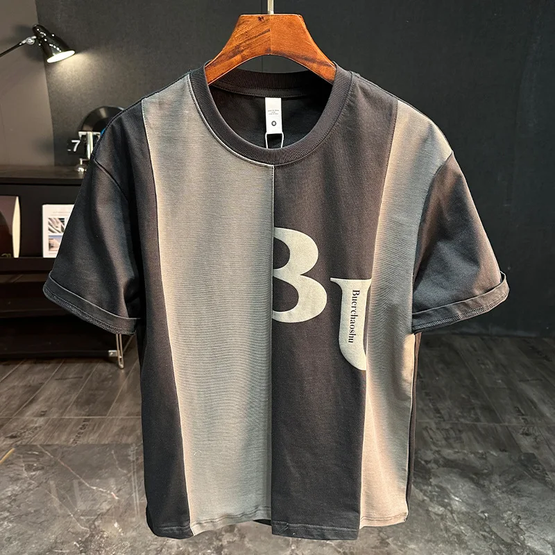 

2025 American casual color blocked splicing short sleeved T-shirt for men, loose and fashionable printed summer men's clothing