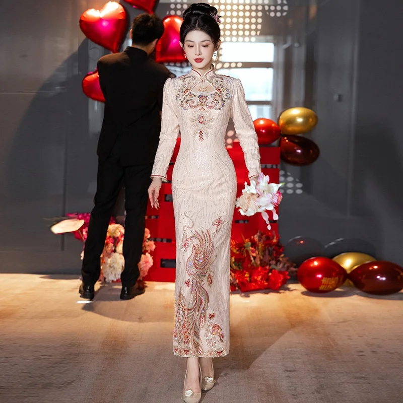 

Champagne Colored Wedding Dr Long Sve New 2025 Bridal Gown for Winter Chinese Sle Women's Traditional Wedding