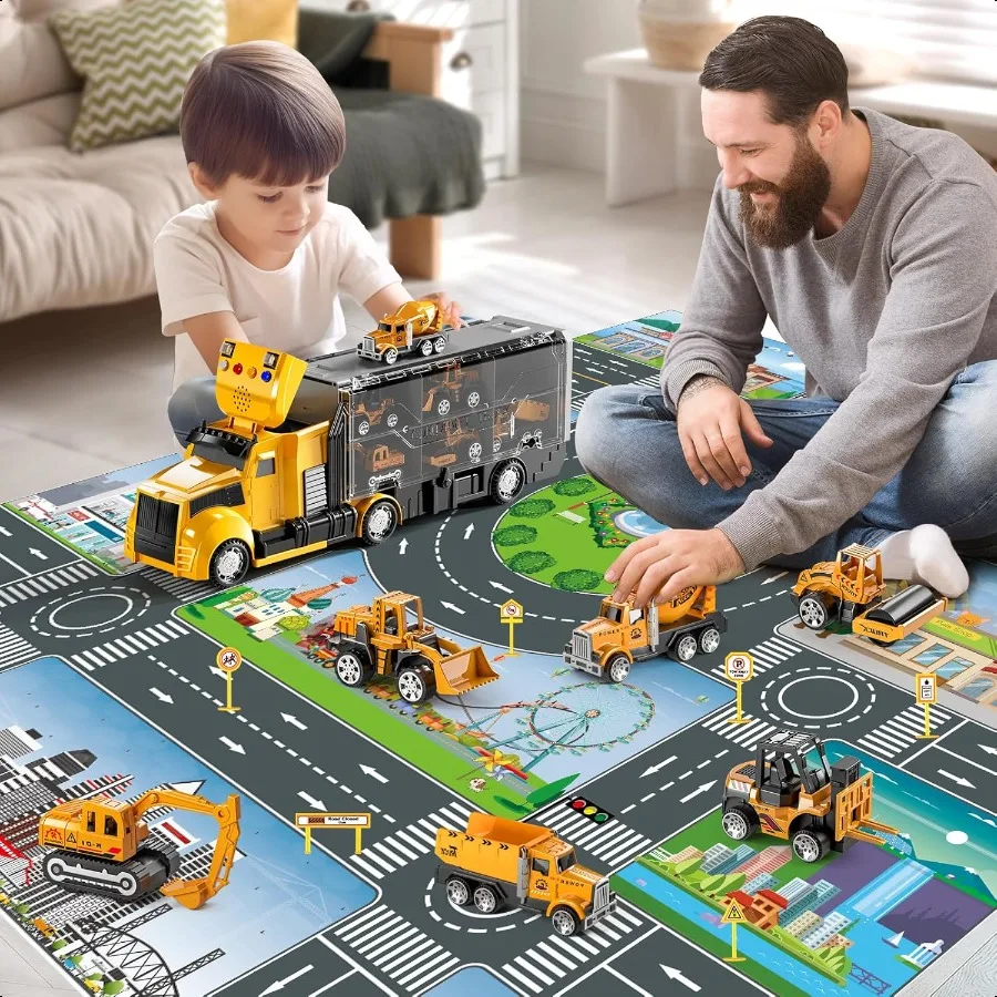 建設トラックのおもちゃセット、プレイマット付き、キャリアトラック、プレイビークルセット、3歳、4歳、5歳、6歳の男の子向け、ダイキャストカーのおもちゃ、幼児向け