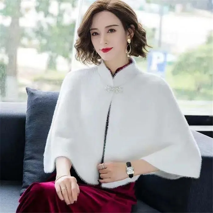 Women Imitation Mink Velvet Sweater Short Knitted Shawl Coat Autumn Winter Thicken Embroidered Cloak Elegant Cardigan Jacket