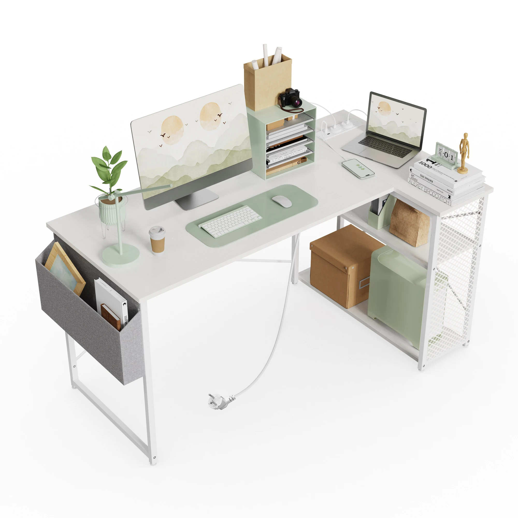 100/120 x 70 x 75 cm L-förmiger Gaming-Schreibtisch, Eck-Computertisch mit Monitorablage, Steckdose und USB-Anschluss, schwarz/weiß/braunes Holz