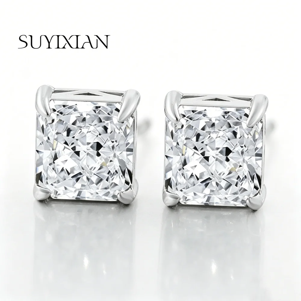 

925 Sterling Silver Stylish Simple Ice Flower Cut Square Crystal Zircon Earrings, Birthday Party Anniversary Holiday Gift