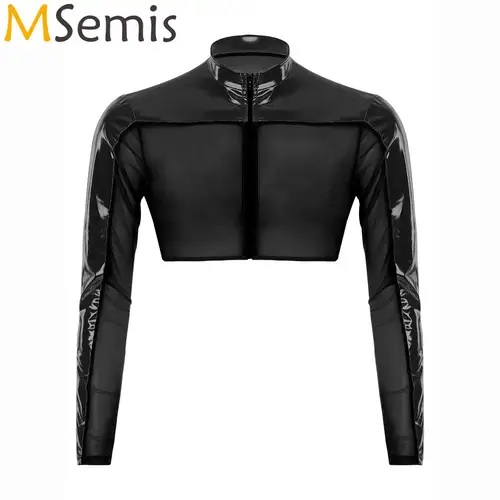 Top corto con purpurina metálica brillante para hombre, ropa de discoteca de manga larga con cremallera frontal, medio Tops transpirables transparentes de malla ajustados