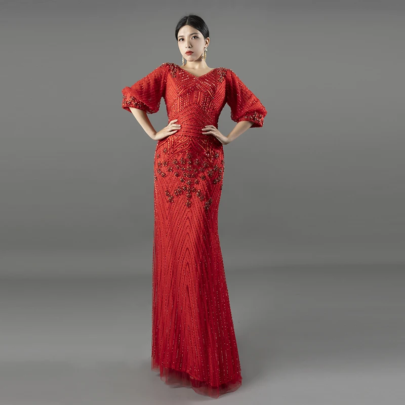 

Custom Red Evening Dress for Women with Puff Sleeves Sequin Beading for Party Prom Formal Occasions C59