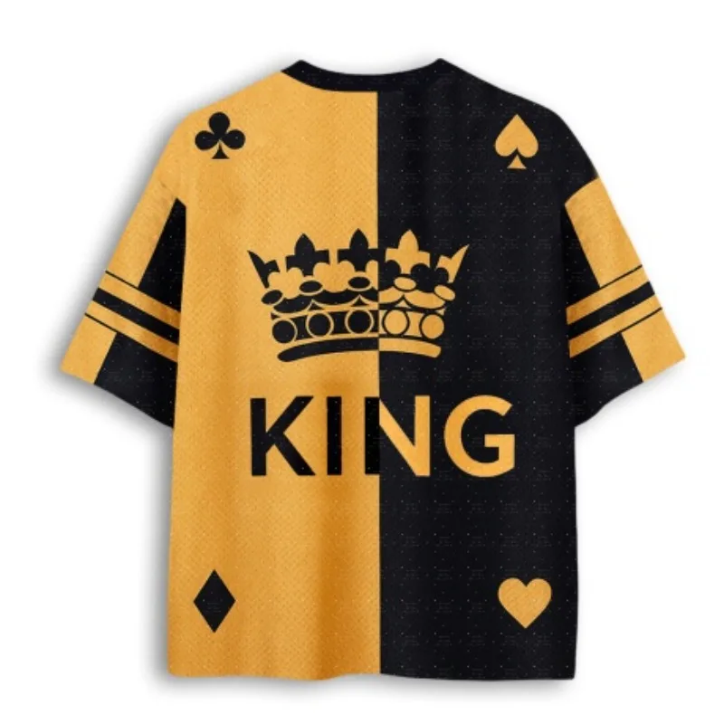 V Neck Mesh Football Jersey Split Black Gold Playing Card Suit Crown Letter Print Double Striped Sleeve Loose Sport Tee