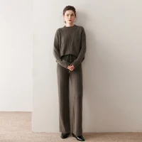 High-End 100% Pure Cashmere Women'S Suit With Round Neck Cable-Knit Sweater And High-Waisted Straight Pants Two-Piece Set - Image 2