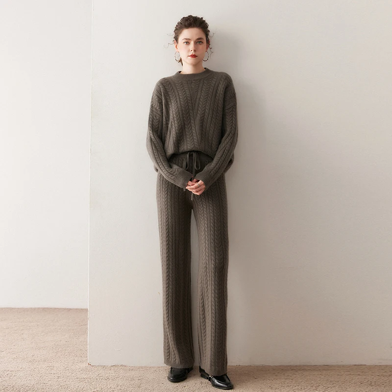 High-End 100% Pure Cashmere Women'S Suit With Round Neck Cable-Knit Sweater And High-Waisted Straight Pants Two-Piece Set