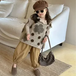 Ragazza Della Maglia Top 2024 Autunno Nuovi I Bambini Indossano Stile Coreano Indossare Le Ragazze Grande Polka Dot Coreano Maglia di Lana Maglia Top Vestiti