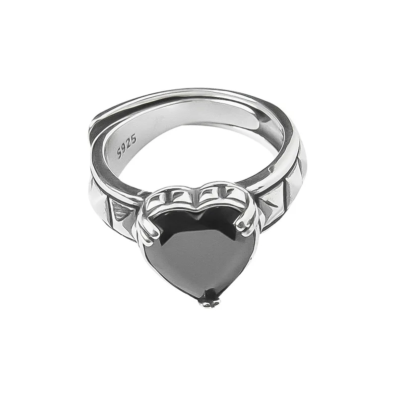 100% solide 925 argent Sterling noir coeur pierre anneaux pour les femmes rétro Vintage géométrique rétro Anillos cadeaux de fête accessoires