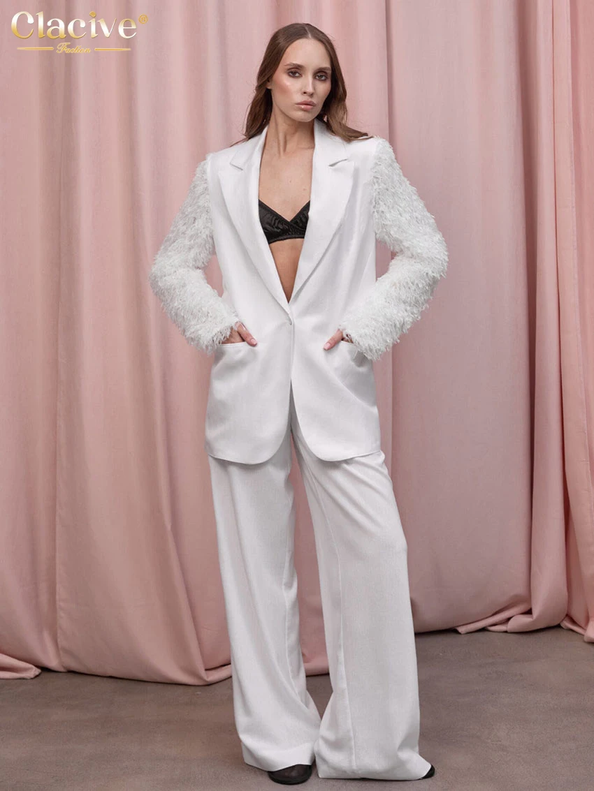 

Clacive Fashion Свободный белый комплект из 2 предметов для женщин 2025 Элегантный пиджак с длинными рукавами и широкими брюками с высокой талией Комплект женской одежды