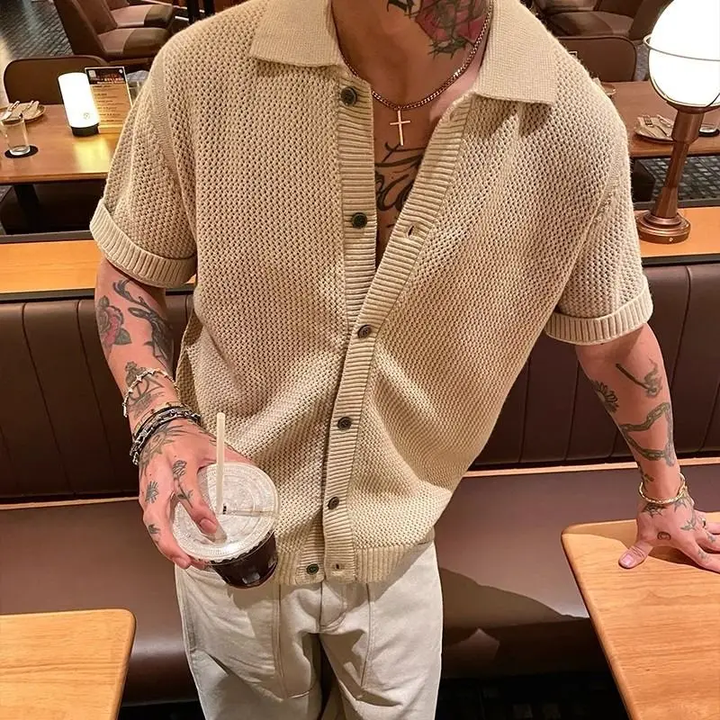 Retro Knitted Cardigan Short-sleeved Men's High-end Thin Breathable Hollow Shirt Lapel Jacket