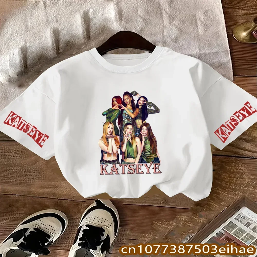 Kpop Fan Collection Wear KATSEYE Character Print Pure Cotton Kids Short Sleeve Shirt Retro Y2K Style Summer Daily Casual Wear