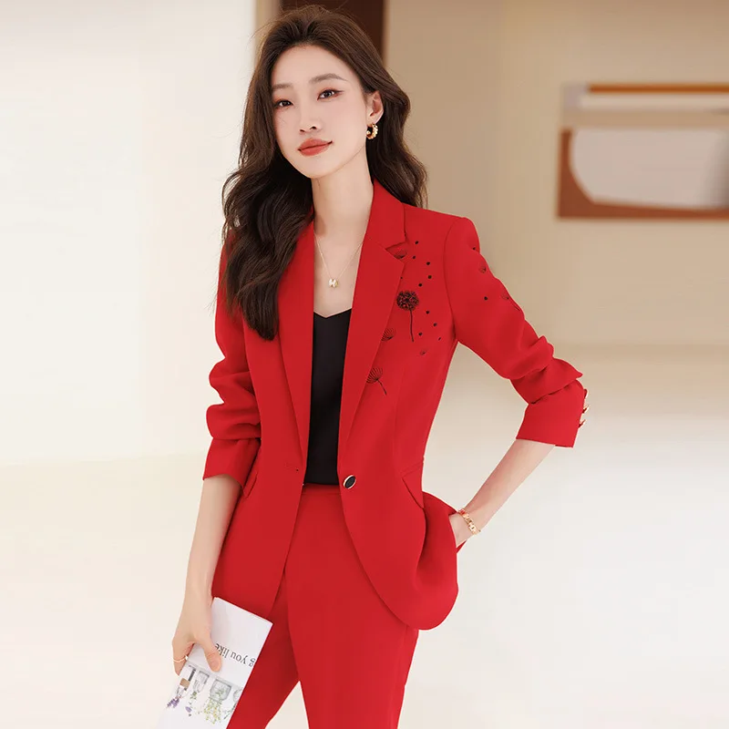 High-End Fashion Diamond Suit Women's Autumn and Winter Slim Fit Slimming Host Workplace Red Suit Business Wear