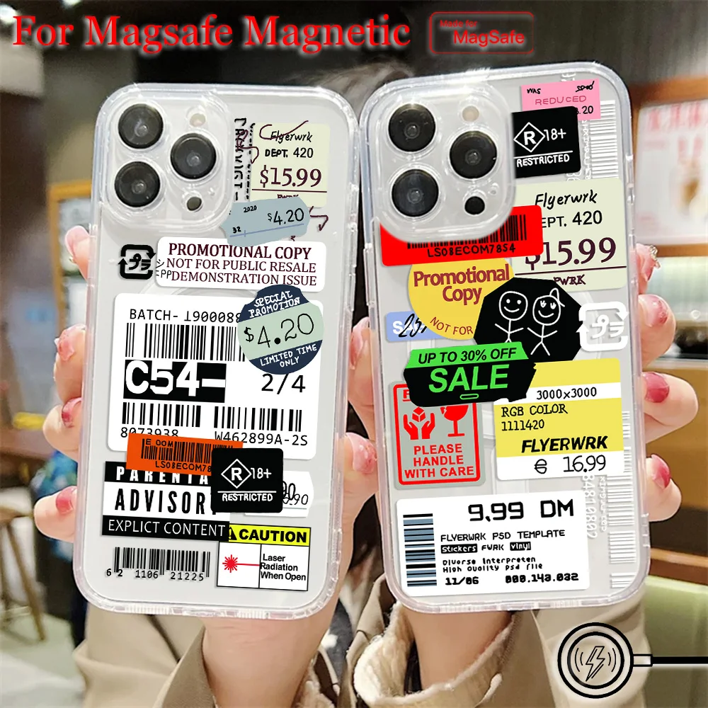 Luxury Fashion Stamp Label Barcode Magsafe Magnetic Phone Case for iPhone 16 15 14 13 12 11 8 7 Plus Pro Max XR Clear Tpu Cover