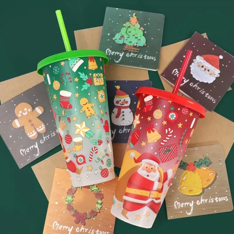 701-800ml Christmas Color Changing Straw Cup Santa Design Reusable Plastic Microwave Safe Large Capacity for Holiday Seasons