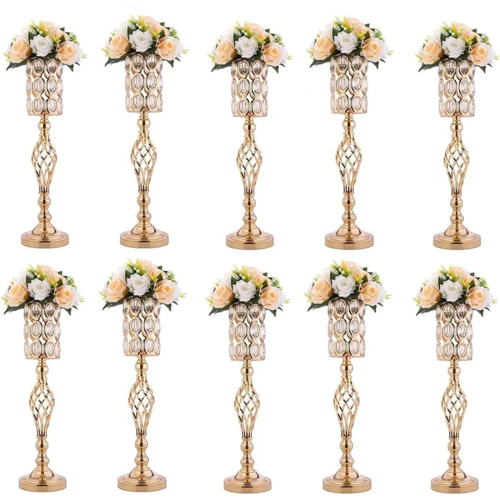 Wedding Accessories 24in Gold Versatile Tall Flower Holders Set of 10 Metal Diamond Crystal Wedding Centerpiece Vases for Tables