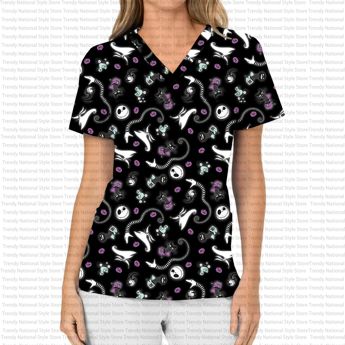 Halloween Nightmare Before Christmas Jack & Sally Print Women's T-shirt V-neck Pocket Scrub Top Dental Beauty Salon Pet Shop Top